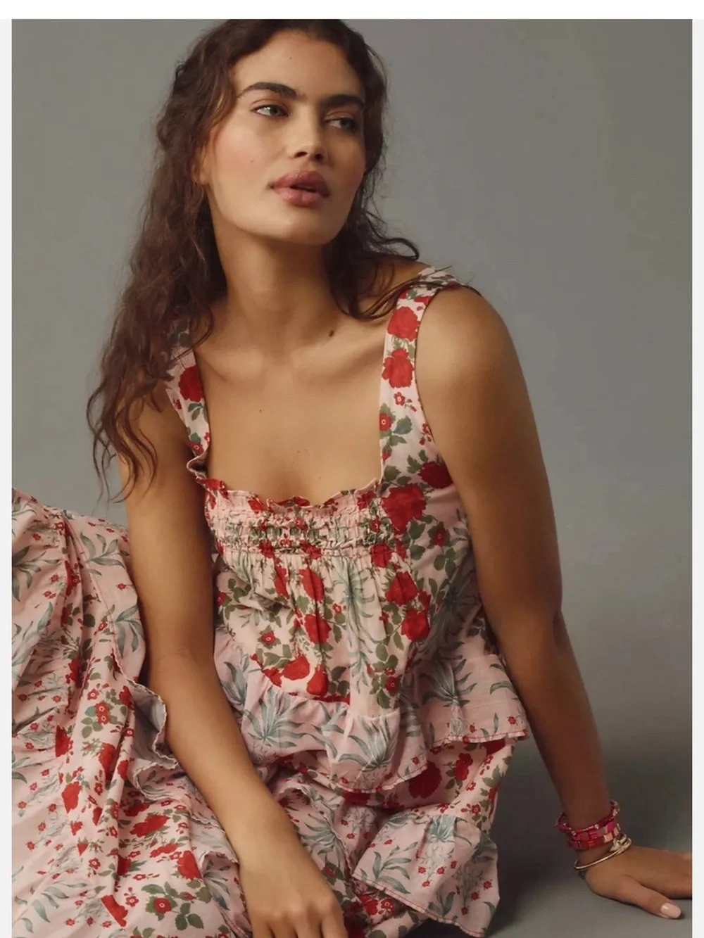 Anthropologie Pink Floral Tiered Sundress with Red Accents - Picture 3 of 13